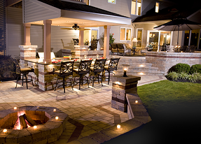 Outdoor Living Space and Fire Pit at Night